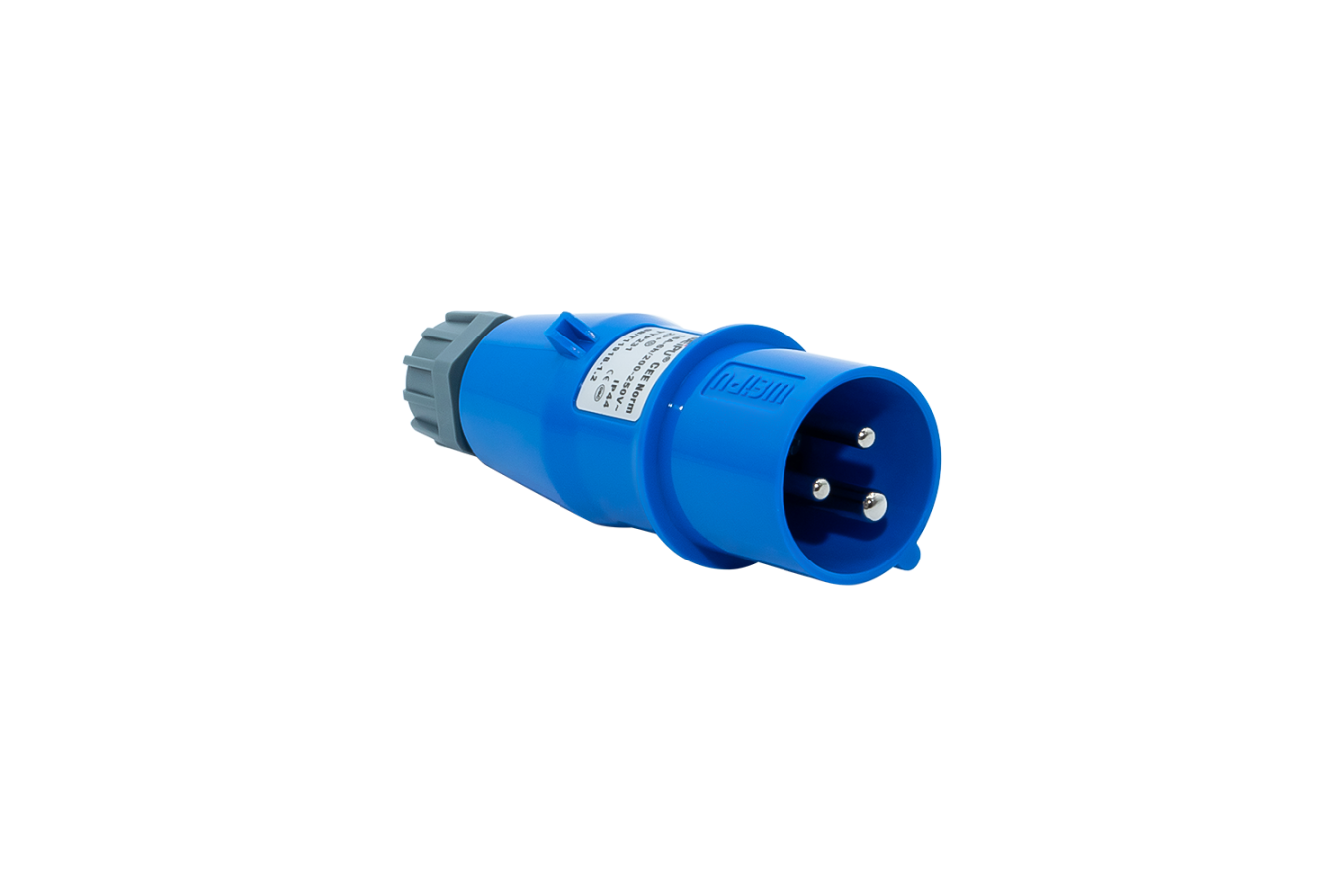 Weipu CEE-Stecker mit 16A / 250V, ein 3-poliger Kunststoff-Stecker mit IP44-Schutz für den Einsatz in Schaltschränken	 Vorderansicht des blauen 3-poligen Weipu CEE-Steckers (16A, 250V) mit IP44 Schutz