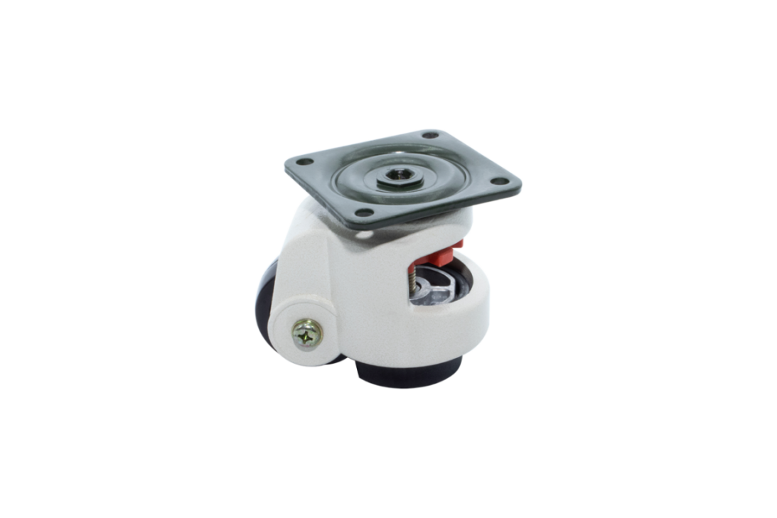 The leveling machine caster with a mounting plate is a heavy-duty wheel designed for adjusting, leveling, and aligning equipment in mechanical engineering applications. leveling machine caster mounting plate heavy-duty wheel adjusting, leveling, and aligning equipment