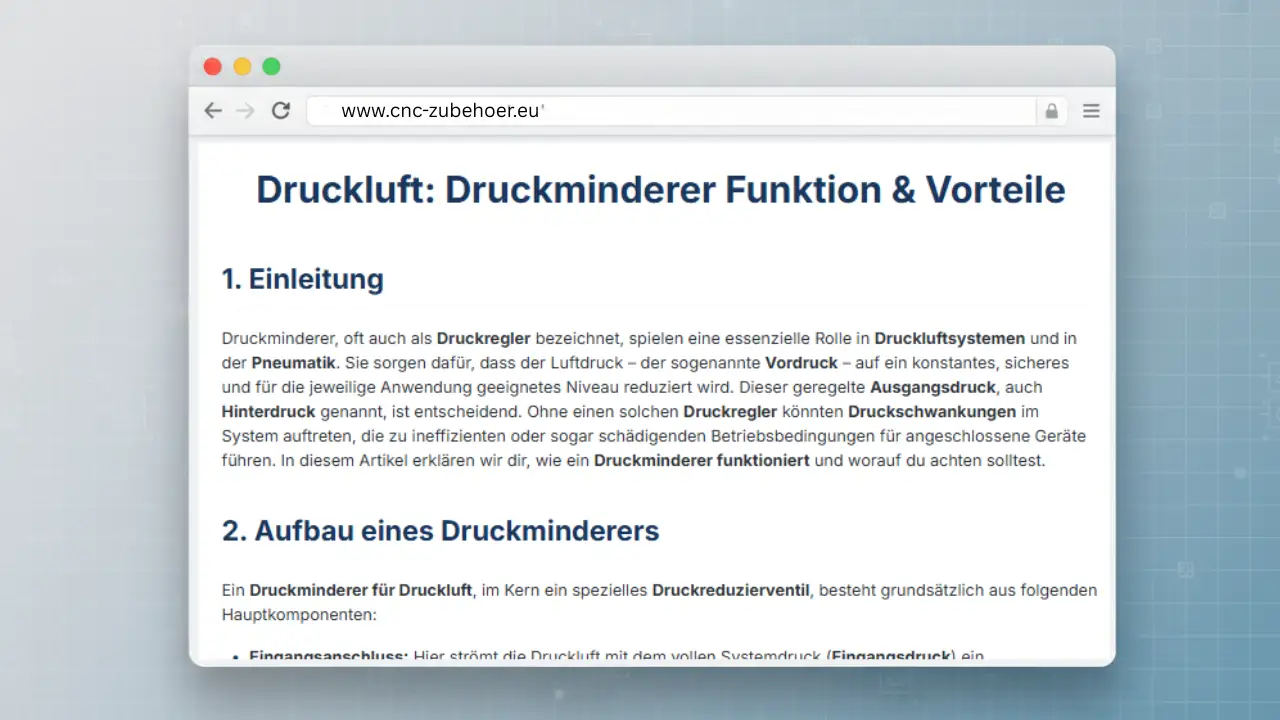 Ein Mockup einer Browser-Ansicht der Website cnc-zubehoer.eu mit dem Blogbeitrag „Druckluft: Druckminderer Funktion & Vorteile“ und Informationen zum Aufbau.