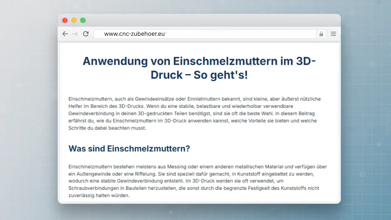 Eine Browser-Ansicht der Website cnc-zubehoer.eu, die den Artikel „Anwendung von Einschmelzmuttern im 3D-Druck – So geht's!“ zeigt.