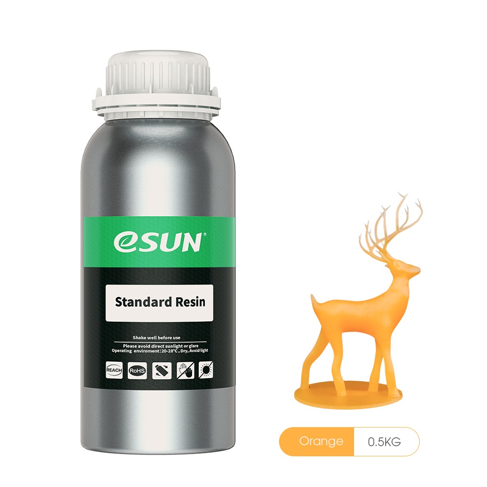 eSUN Standard Resin 0,5kg in Orange - Hochwertiges Photopolymer-Harz für den 3D-Druck, Prototyping und additive Fertigung	 0,5kg Flasche orangefarbenes eSUN Standard Resin mit 3D-Druck-Figur