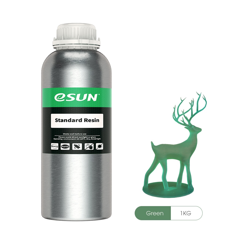 eSUN Standard Resin 1kg in Grün - Qualitäts-Kunstharz für den 3D-Druck, ideal für den detailreichen Modellbau und Prototypen	 1kg Flasche eSUN Standard Resin in Grün mit grünem 3D-Druck-Modell
