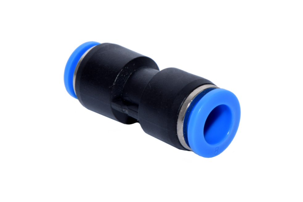 Gerader Pneumatik-Steckverbinder (Push-in) aus POM, Edelstahl und Messing für die Verbindung von Druckluftschläuchen	 Gerader Pneumatik-Steckverbinder (Push-in-Fitting), Vorderansicht