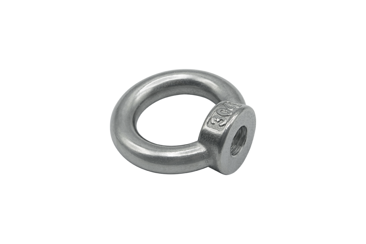 Ringmutter aus Edelstahl mit rundem Auge und Innengewinde, schräg von vorn, Prägung 304 am Bund