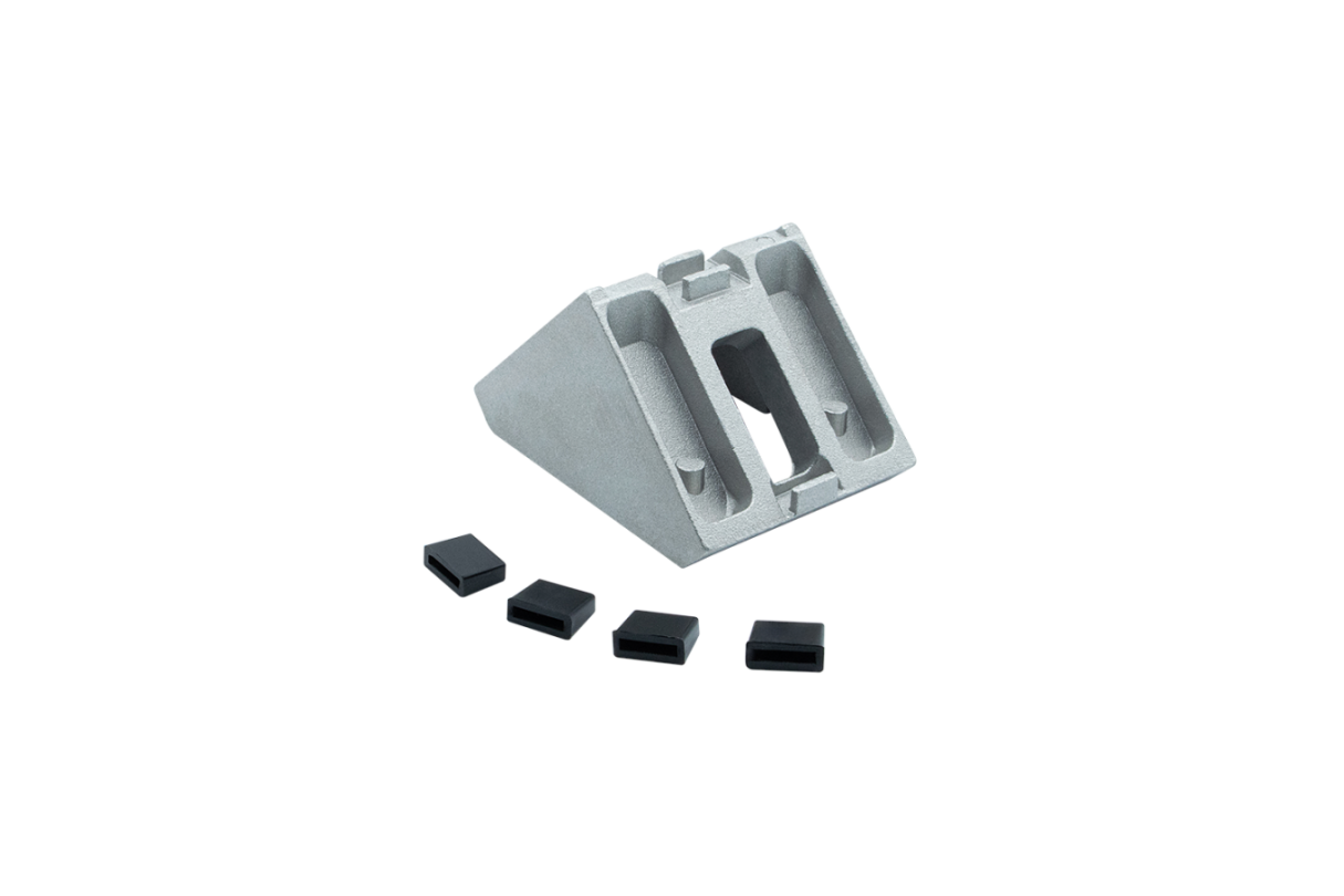 The 45x45mm lightweight external bracket, made of die-cast aluminum, is used as a profile connector for aluminum profiles, such as Item and Bosch, and fits slot sizes 8 and 10. Lightweight external bracket 45x45mm die-cast aluminum profile connector Item Bosch slot sizes 8 and 10