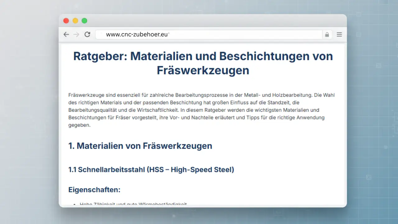 Ein Web-Mockup des Beitrags „Ratgeber: Materialien und Beschichtungen von Fräswerkzeugen“ auf der Seite cnc-zubehoer.eu, beginnend mit Informationen zu Schnellarbeitsstahl (HSS).