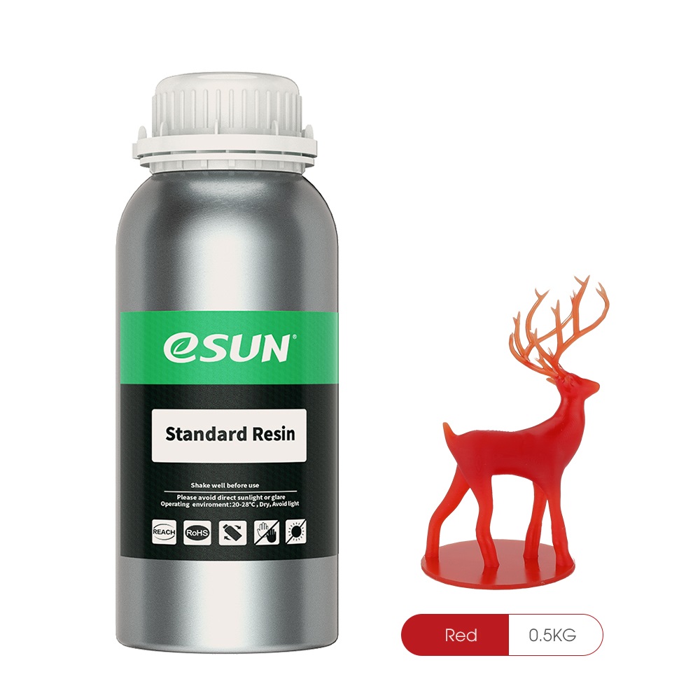 eSUN Standard Resin 0,5kg in Rot - Kunstharz für den 3D-Druck, ideal für präzises Drucken, Prototyping und Modellbau	 0,5kg Flasche rotes eSUN Standard Resin mit 3D-Druck-Figur