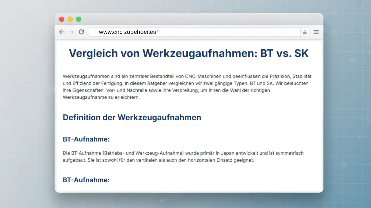 Eine Mockup-Ansicht der Website cnc-zubehoer.eu mit dem Fachartikel „Vergleich von Werkzeugaufnahmen: BT vs. SK“ und Definitionen zu den Systemen.