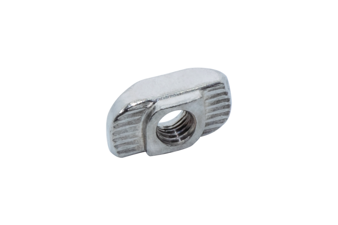 Hammermutter aus rostfreiem Edelstahl, zur Verbindung von Aluminiumprofilen der Systeme Item und Bosch (Nut 6/8/10)	 Hammermutter aus Edelstahl für Aluminium-Nutenprofile (Nut 6/8/10, Item/Bosch), Vorderansicht
