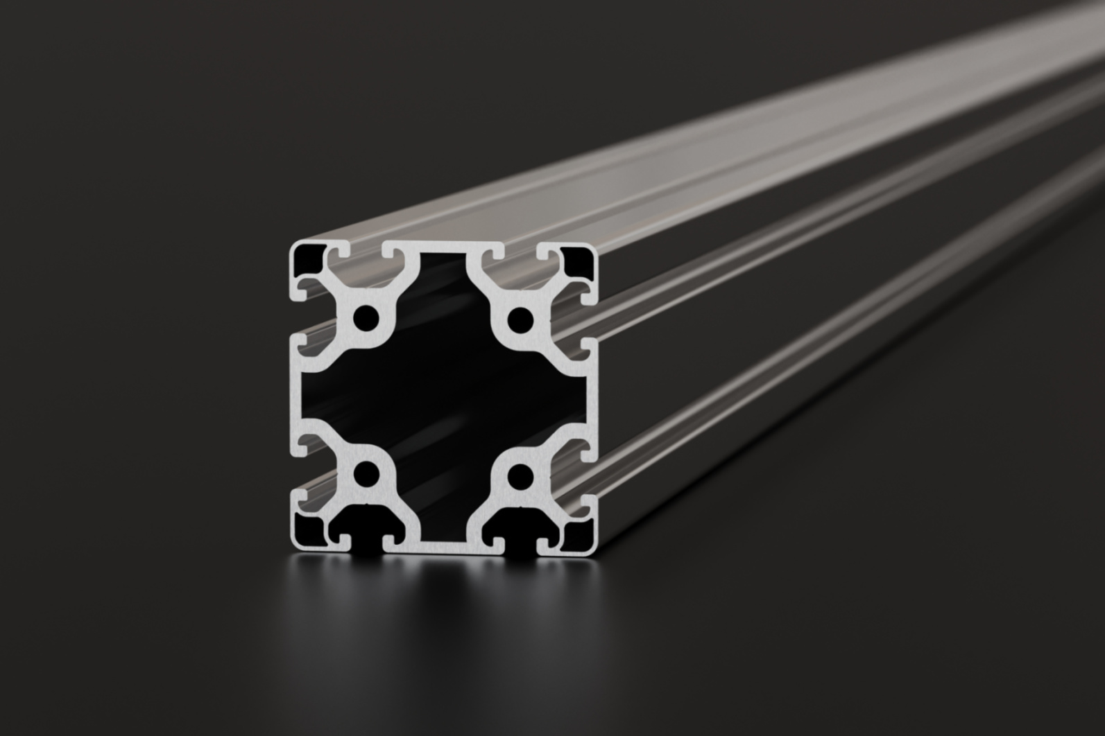 Silber eloxiertes Aluminiumprofil I-Typ 80x80 mit Nut 8, Blick auf den Querschnitt der Stirnseite