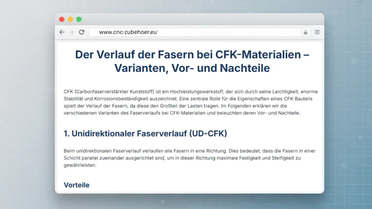 Vorschau des Fachartikels „Der Verlauf der Fasern bei CFK-Materialien – Varianten, Vor- und Nachteile“ auf cnc-zubehoer.eu.