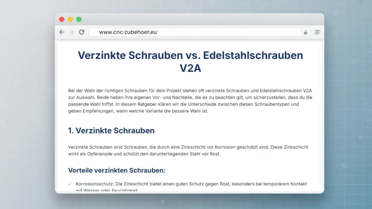 Vorschau des Vergleichsartikels „Verzinkte Schrauben vs. Edelstahlschrauben V2A“ auf der Website cnc-zubehoer.eu.