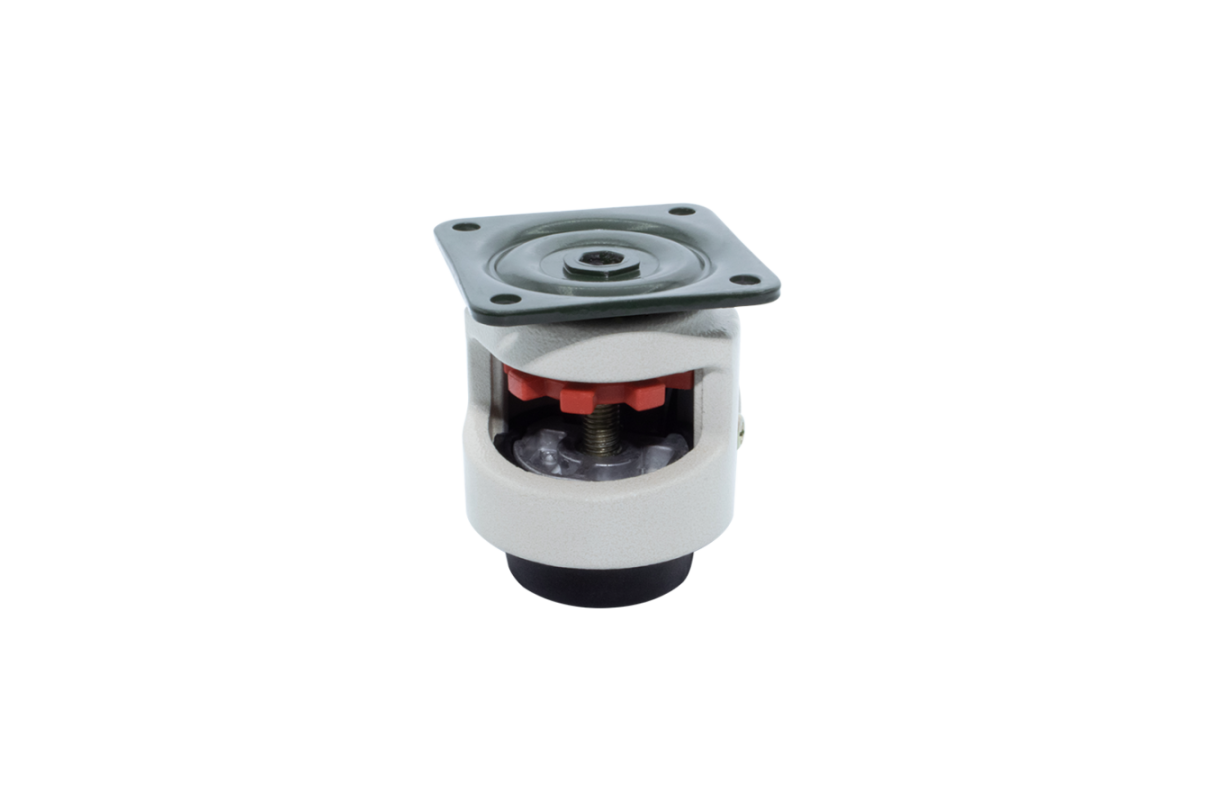 The leveling machine caster with a mounting plate is a heavy-duty wheel designed for adjusting, leveling, and aligning equipment in mechanical engineering applications. leveling machine caster mounting plate heavy-duty wheel adjusting, leveling, and aligning equipment