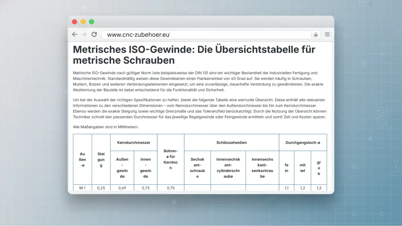 Übersichtstabelle für metrische ISO-Gewinde nach DIN 13