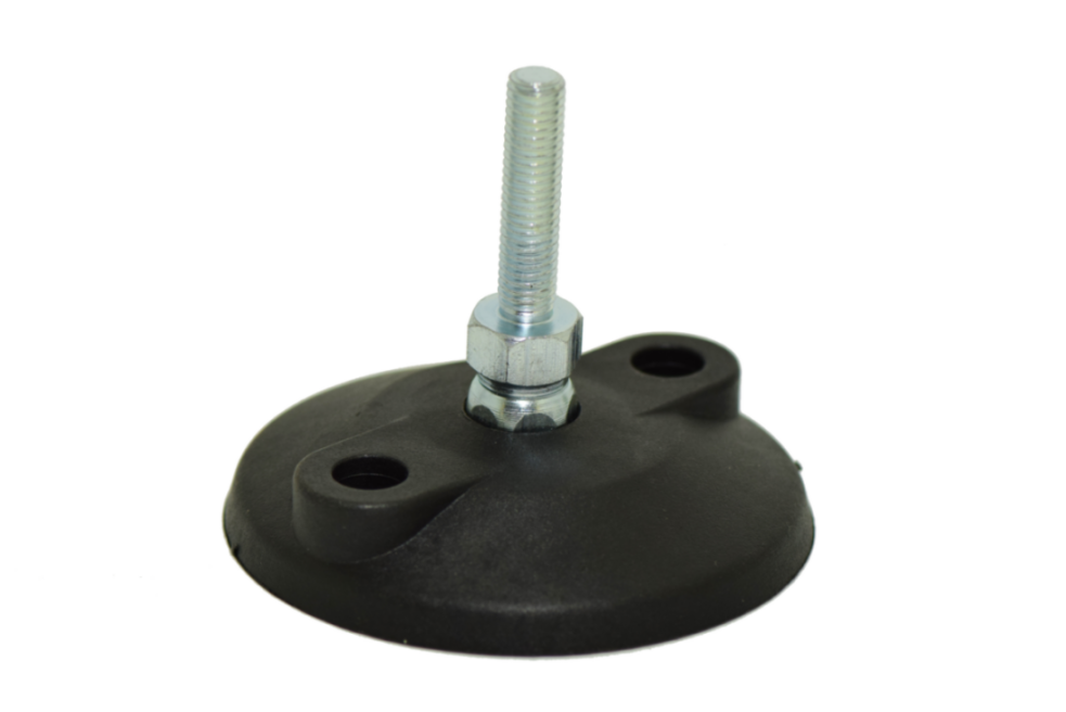 Verstellbarer Maschinenfuß (80mm) mit Nylon-Basis und Stahlgewinde, zur Verwendung mit Aluminiumprofilen von Item und Bosch	 Verstellbarer 80mm Maschinenfuß für Item/Bosch Profile, Vorderansicht
