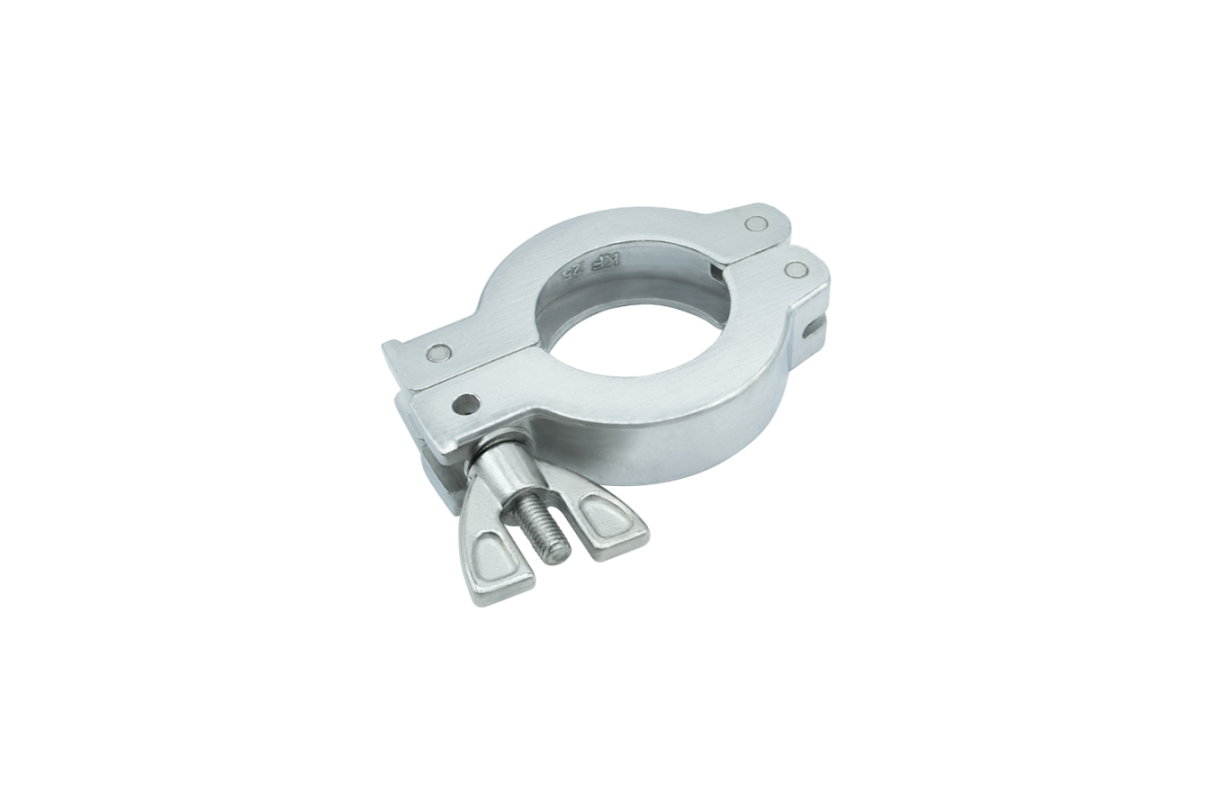 The aluminum vacuum clamp securely connects vacuum flanges with an O-ring to create an airtight seal while allowing quick assembly and disassembly. vacuum flange  small flange  quick flange  vacuum line  vacuum system  vacuum-tight  flange connection  vacuum technology