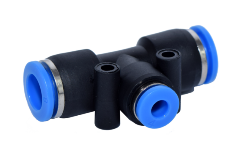 Pneumatischer T-Steckverbinder (Push-in) aus POM, Edelstahl und Messing zum Verbinden von Druckluftschläuchen	 Vorderansicht des pneumatischen T-Steckverbinders (Push-in-Fitting)