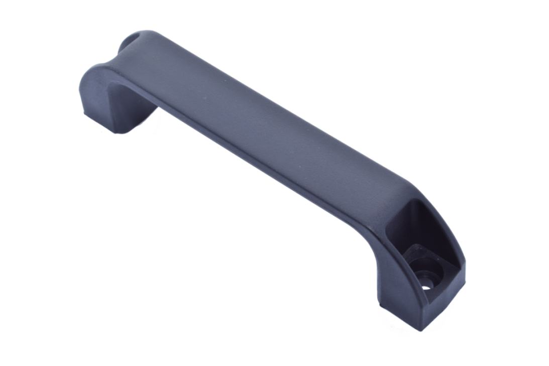 U-Griff bzw. Bügelgriff aus Nylon, konzipiert für Türen, Klappen und Deckel, mit ergonomischen Griffmulden für komfortable Handhabung	 Schwarzer Bügelgriff aus Nylon für Türen und Klappen, Vorderansicht