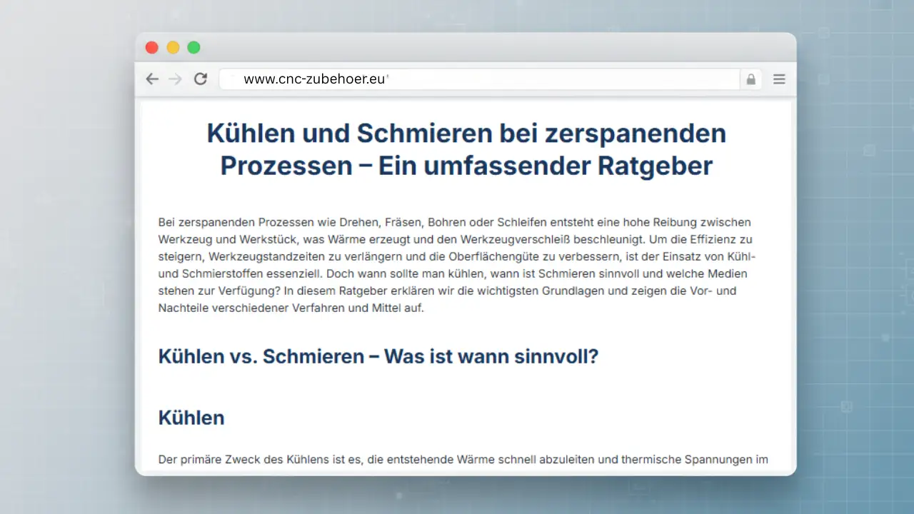 Ein Mockup einer Browser-Ansicht der Website cnc-zubehoer.eu mit dem Ratgeberartikel „Kühlen und Schmieren bei zerspanenden Prozessen – Ein umfassender Ratgeber“.