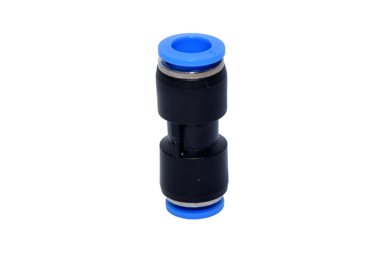 Pneumatischer Y-Steckverbinder (Push-in-Fitting) aus POM, Edelstahl und Messing zur Verteilung von Druckluftschläuchen	 Draufsicht des pneumatischen Y-Steckverbinders (Push-in)