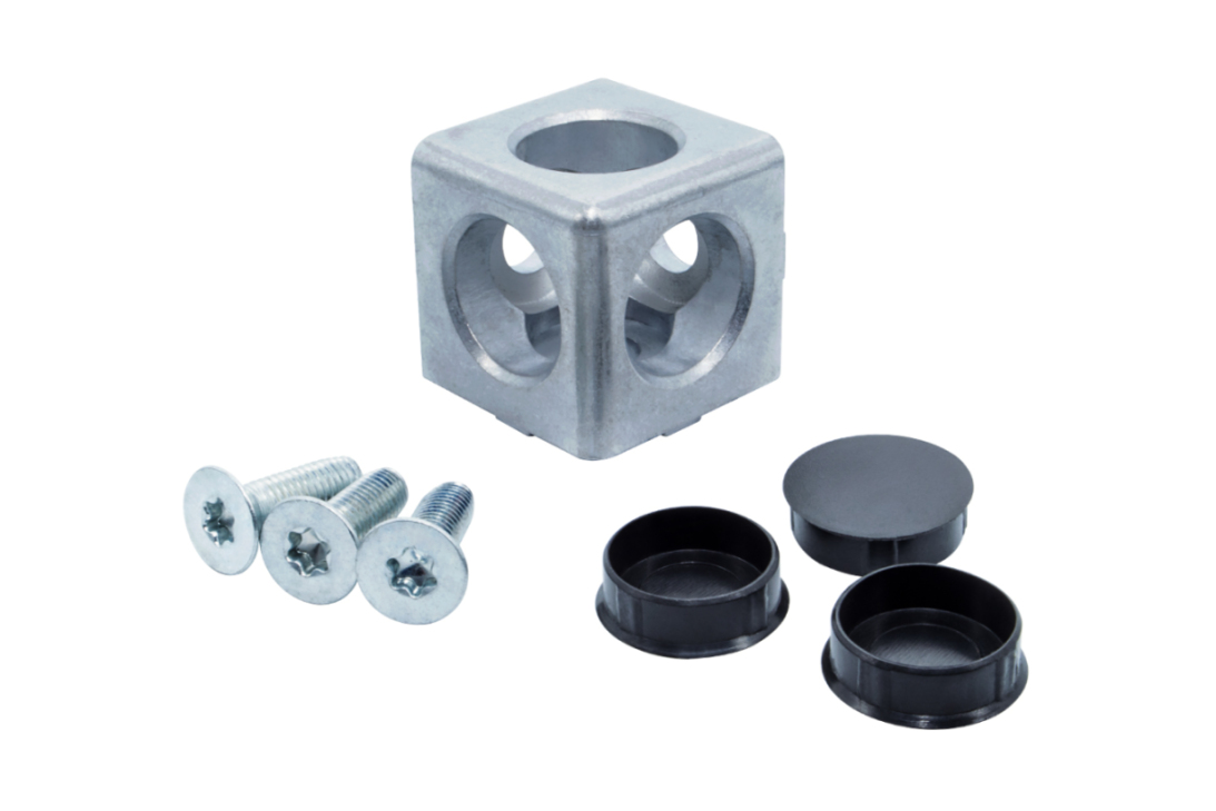 40mm Aluminium-Würfelverbinder, dient als Drei-Wege-Eckverbinder für Aluprofile der Systeme Item und Bosch	 3-Wege Würfelverbinder für 40mm Aluminiumprofile, Vorderansicht
