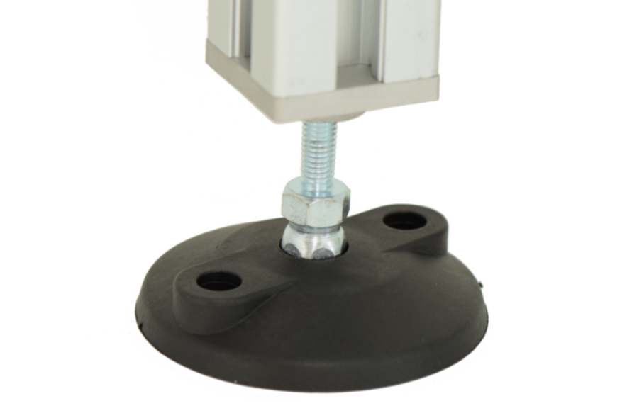 80mm Maschinenfuß als verstellbare Stützbasis aus Nylon und Stahl, passend für Aluminiumprofile der Systeme Item und Bosch	 Rückansicht des verstellbaren 80mm Maschinenfußes für Item/Bosch Profile