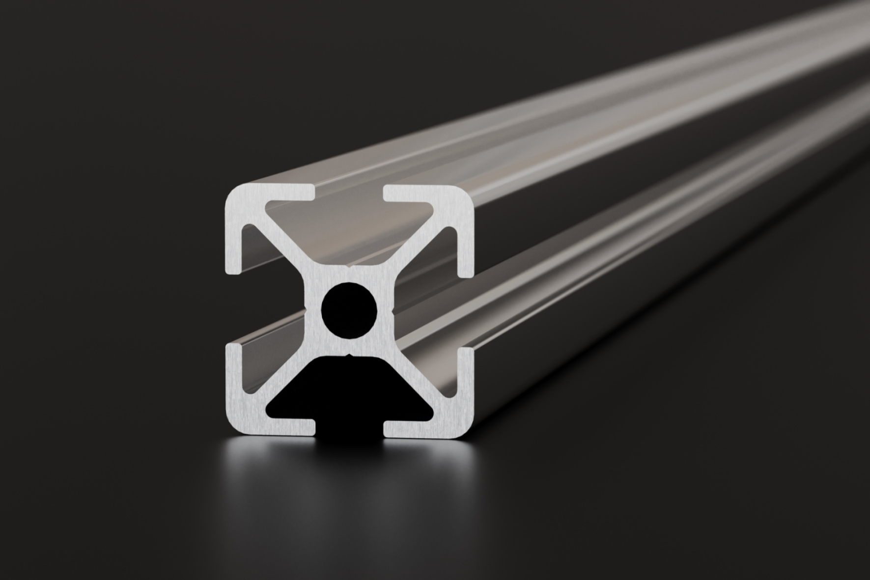 Silber eloxiertes Aluminiumprofil I-Typ 30x30 mit Nut 8, Blick auf den Querschnitt der Stirnseite
