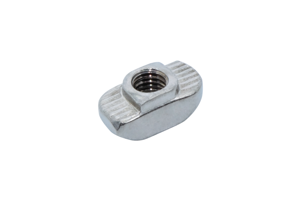 Hammermutter aus Edelstahl, zur Verbindung und Befestigung von Aluminiumprofilen (Nut 6/8/10, Item/Bosch)	 Hammermutter aus Edelstahl für Aluminiumprofile, Draufsicht der Größen 6, 8 und 10 Bosch
