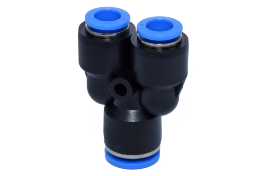 Pneumatischer Y-Steckverbinder (Push-in-Fitting) aus POM/Edelstahl, zum Verbinden von Schläuchen in Druckluftsystemen	 Draufsicht des Pneumatik Y-Steckverbinders (Push-in-Fitting)