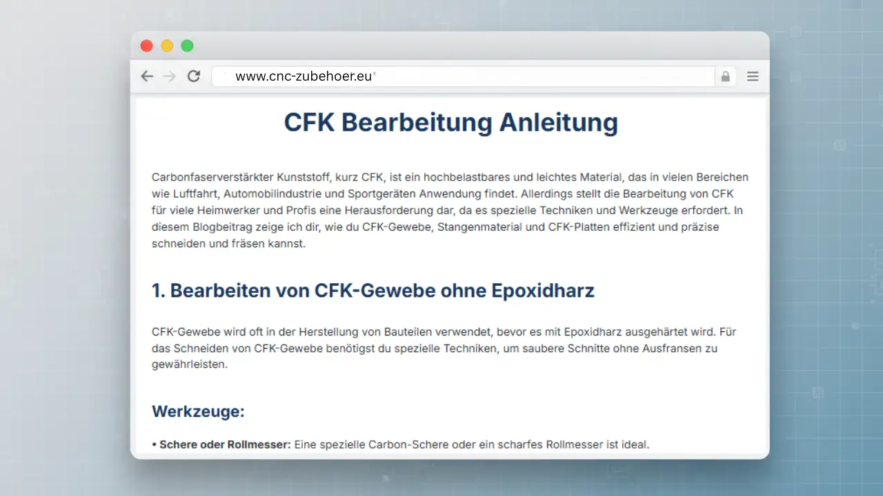 Mockup eines Blogbeitrags auf cnc-zubehoer.eu mit dem Titel „CFK Bearbeitung Anleitung“.