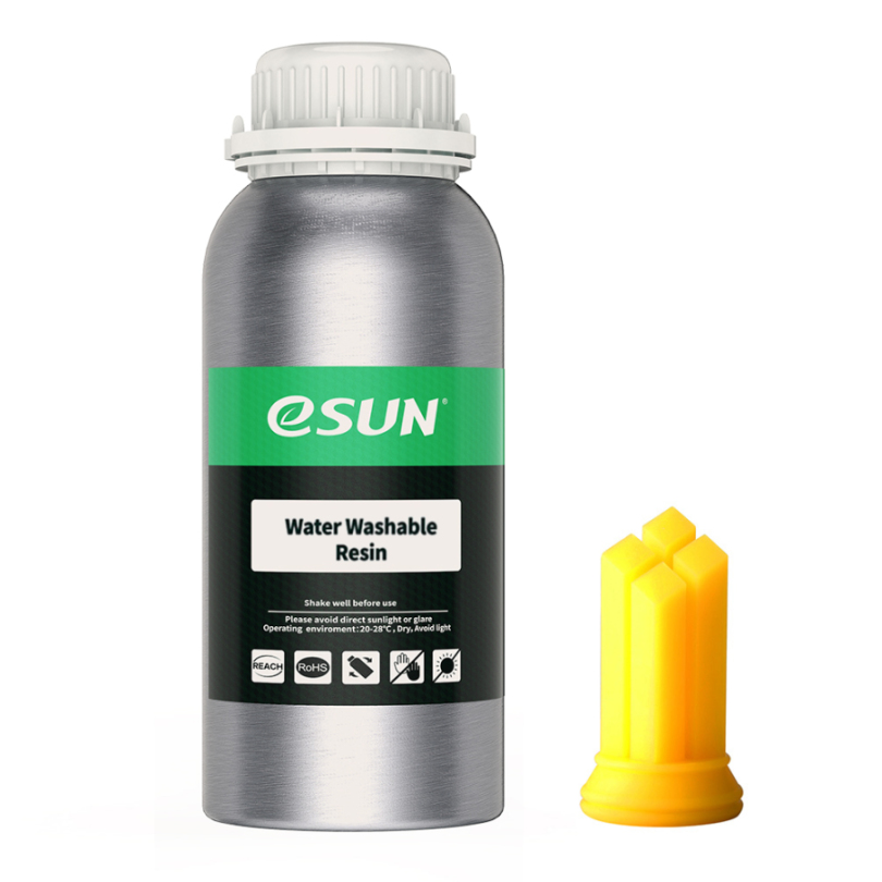 eSUN Water Washable Resin 0,5kg in Gelb - Wasserabwaschbares Kunstharz für den 3D-Druck, ideal für Schmuck und Kleinteile	 0,5kg Flasche eSUN Water Washable Resin in Gelb mit gelbem Druckteil