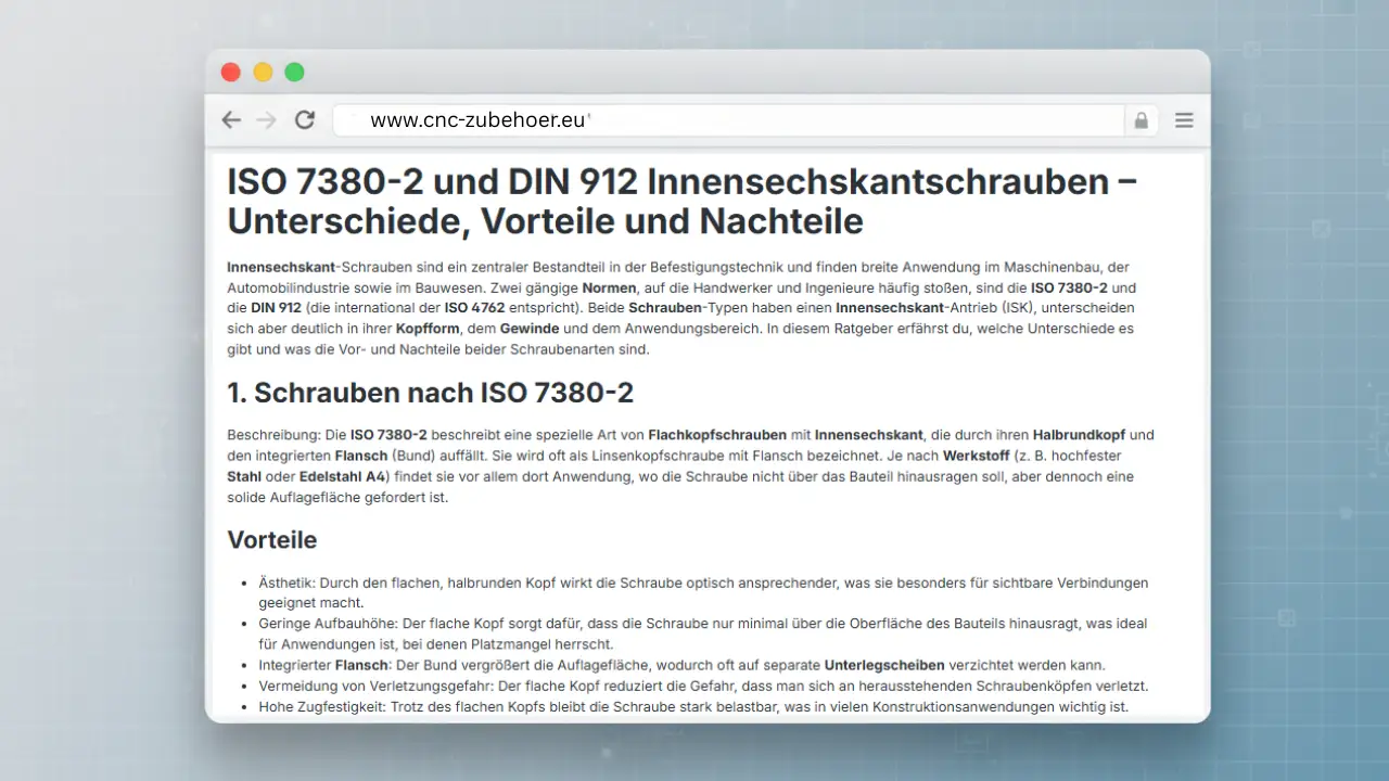 Mockup eines Blogbeitrags auf cnc-zubehoer.eu mit dem Titel „ISO 7380-2 und DIN 912 Innensechskantschrauben – Unterschiede, Vorteile und Nachteile“.