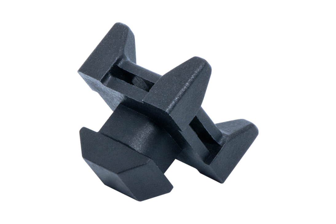 Nylon-Kabelbinderblock zur Befestigung von Kabeln und Schläuchen, entwickelt für Aluprofile mit Nut 6, 8 oder 10 (Item/Bosch)	 Seitenansicht des Nylon-Kabelbinderblocks für Aluminiumprofile (Nut 6, 8, 10, Item/Bosch)