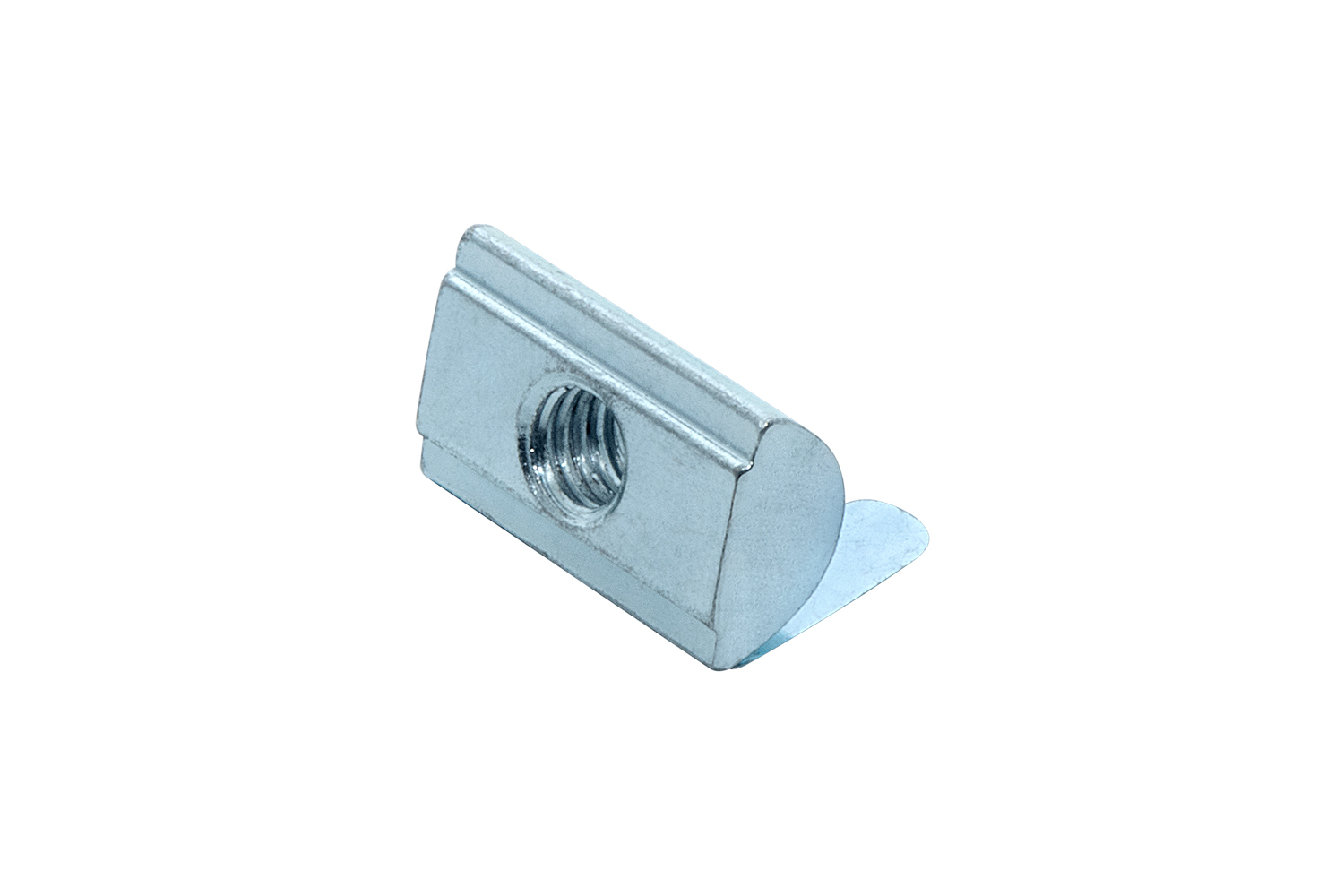 Nutenstein mit Feder aus verzinktem Stahl, konzipiert für die sichere Montage in Aluminiumprofilen der Nuten 8 und 10 (Item/Bosch)	 Nutenstein mit Feder, verzinkt, für Nut 8 und 10 Aluminiumprofile (Item/Bosch), Vorderansicht