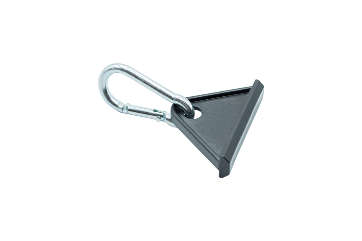 The suspension with a slot, including a carabiner, is designed for use with aluminum profiles such as Item and Bosch, made from ABS and steel for secure mounting. suspension slot carabiner aluminum profiles Item Bosch ABS steel secure mounting