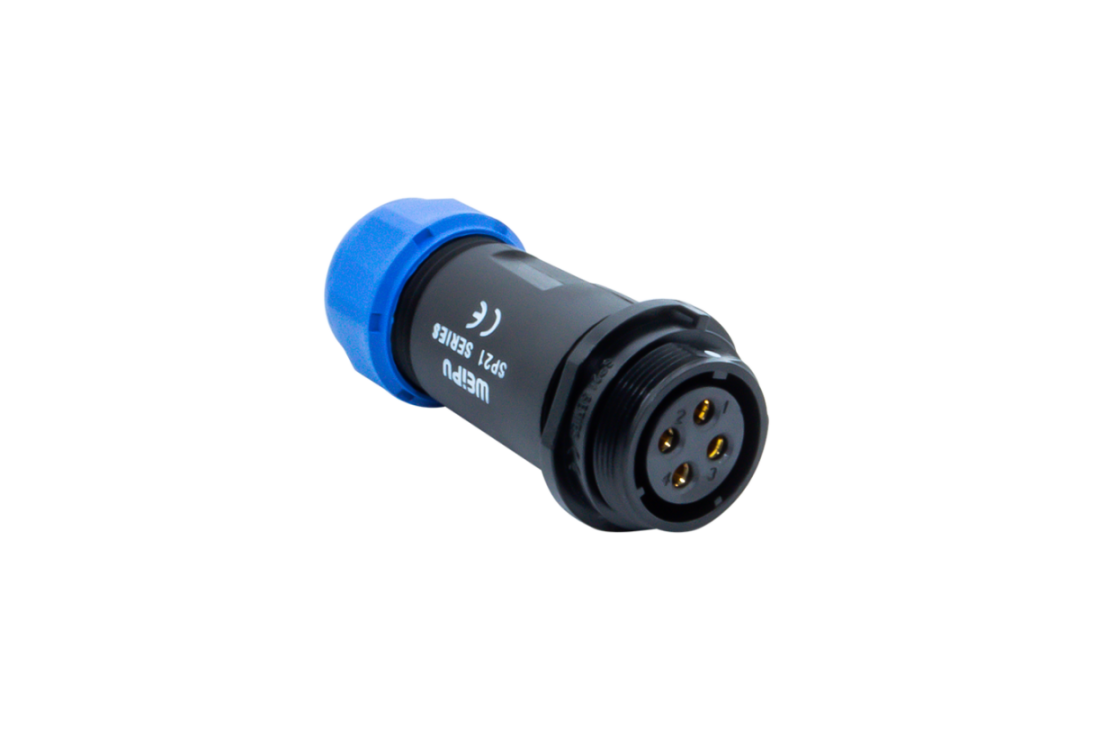 Weipu SP2111 Einbau-Rundsteckverbinder, ein 4-poliger Panel-Stecker mit IP68-Schutz für den Einsatz unter rauen Bedingungen	 Vorderansicht des 4-poligen Weipu SP2111 Einbausteckers (IP68)