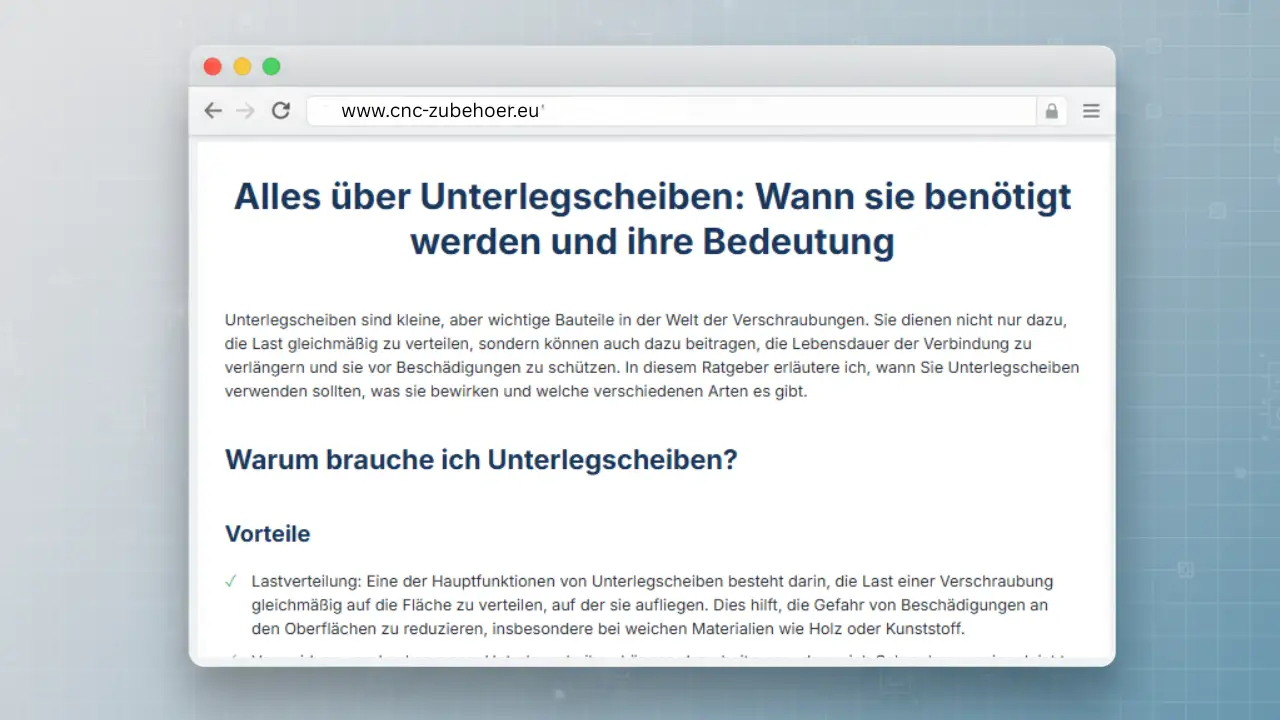 Eine Browser-Ansicht der Website cnc-zubehoer.eu mit dem Ratgeberartikel „Alles über Unterlegscheiben: Wann sie benötigt werden und ihre Bedeutung“.