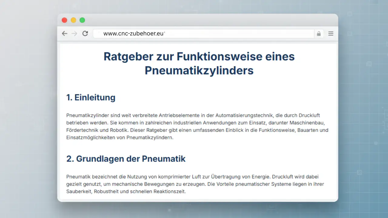 Ein Web-Mockup des Ratgebers „Ratgeber zur Funktionsweise eines Pneumatikzylinders“ auf cnc-zubehoer.eu mit einer Einleitung zu den Grundlagen der Pneumatik.
