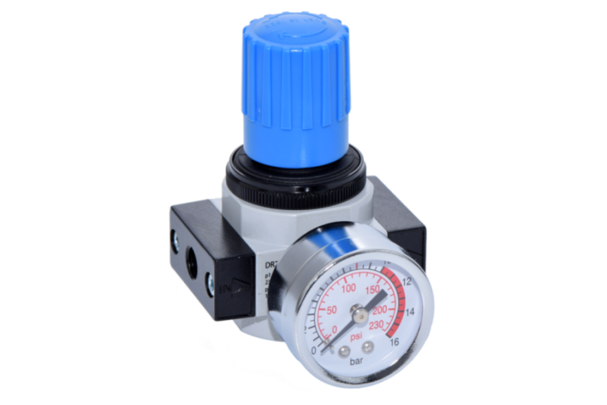 Druckminderer (Druckregler) für Pneumatiksysteme zur Steuerung und Reduzierung von Druckluft, inklusive Manometer	 Druckminderer für Pneumatiksysteme mit Manometer, Vorderansicht