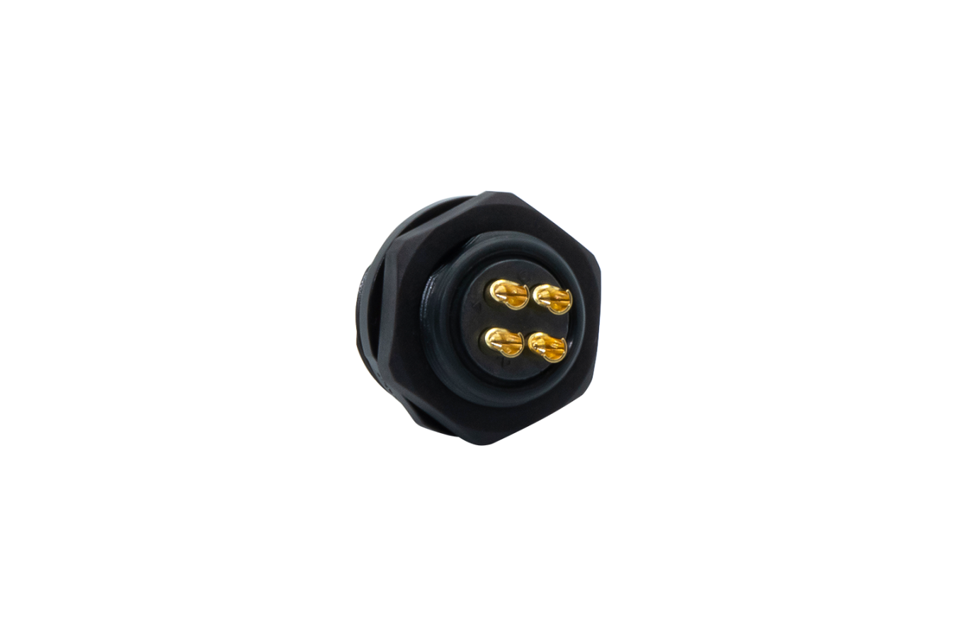 Weipu SP2112 Einbau-Rundsteckverbinder, eine 4-polige Buchse mit IP68-Schutz, entwickelt für den Einsatz in anspruchsvollen Umgebungen	 Vorderansicht der 4-poligen Weipu SP2112 Panel-Einbaubuchse (IP68)