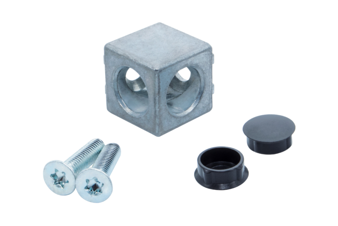 20mm Aluminium-Würfelverbinder als 2-Wege-Eckverbinder für den Aufbau von Item und Bosch Profilsystemen	 2-Wege Würfelverbinder für 20mm Aluminiumprofile, Vorderansicht