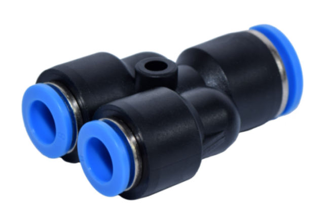 Pneumatik Y-Steckverbinder (Push-in) aus POM und Edelstahl, ein Verbindungselement zum Verteilen von Druckluftschläuchen	 Pneumatik Y-Steckverbinder (Push-in) zum Verbinden von Druckluftschläuchen, Vorderansicht
