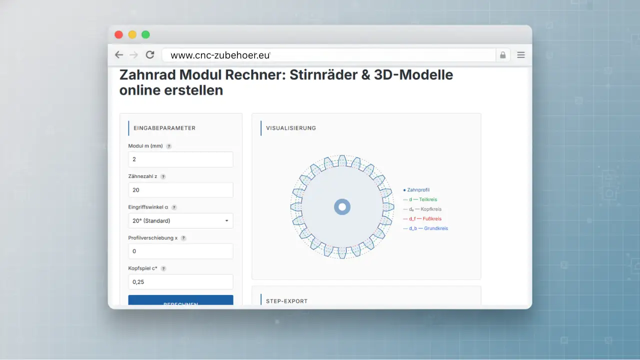 Zahnrad-Modul-Rechner mit Visualisierung eines 3D-Stirnrads