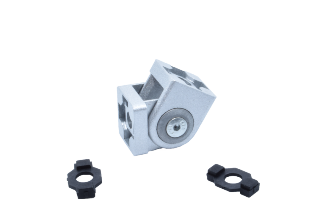 The joint connector without a clamping lever is a 20mm fastening element designed for connecting aluminum profiles, such as those from Item and Bosch. joint connector without a clamping lever connecting 20mm aluminum profiles Item Bosch
