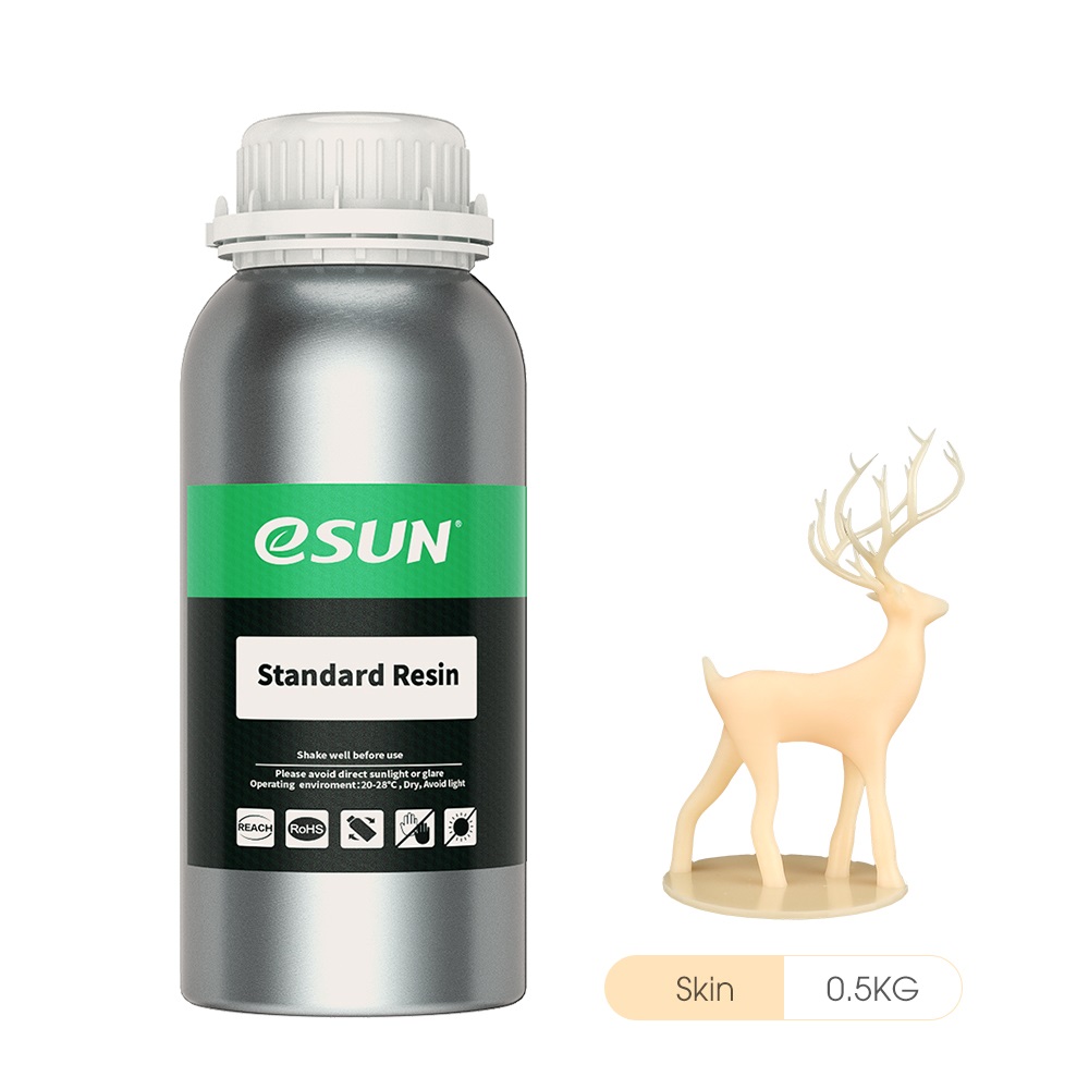 eSUN Standard Resin 0,5kg in Beige - Photopolymer-Harz für den 3D-Druck, ideal für Prototyping, Modellbau und additive Fertigung	 0,5kg Flasche beigefarbenes eSUN Standard Resin mit 3D-Druck-Figur