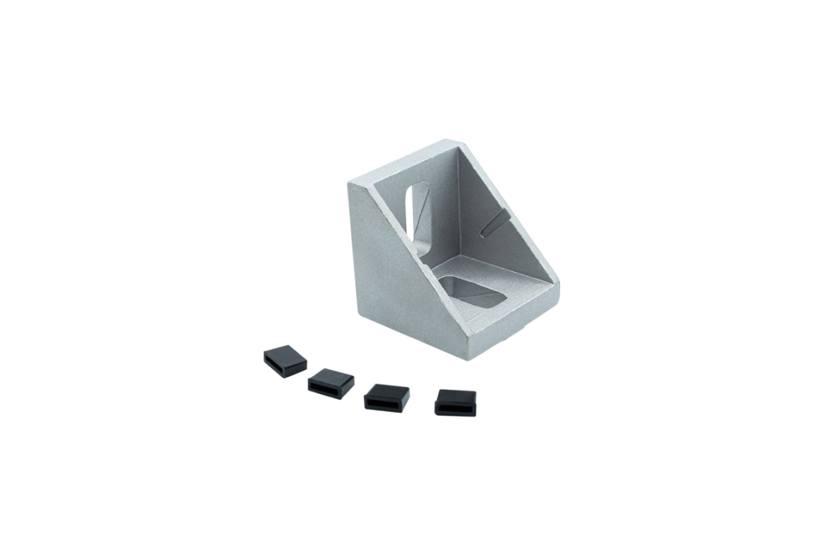 The 45x45mm lightweight external bracket, made of die-cast aluminum, is used as a profile connector for aluminum profiles, such as Item and Bosch, and fits slot sizes 8 and 10. Lightweight external bracket 45x45mm die-cast aluminum profile connector Item Bosch slot sizes 8 and 10