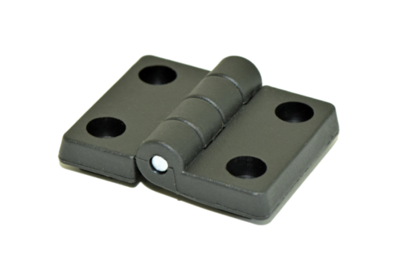 Nylon-Scharnier zur Verwendung mit Aluminiumprofilen (System Item/Bosch), eingesetzt im Möbelbau, Messebau und Maschinenbau	 Schwarzes Nylon-Scharnier für Aluminiumprofile (Item/Bosch kompatibel), Vorderansicht