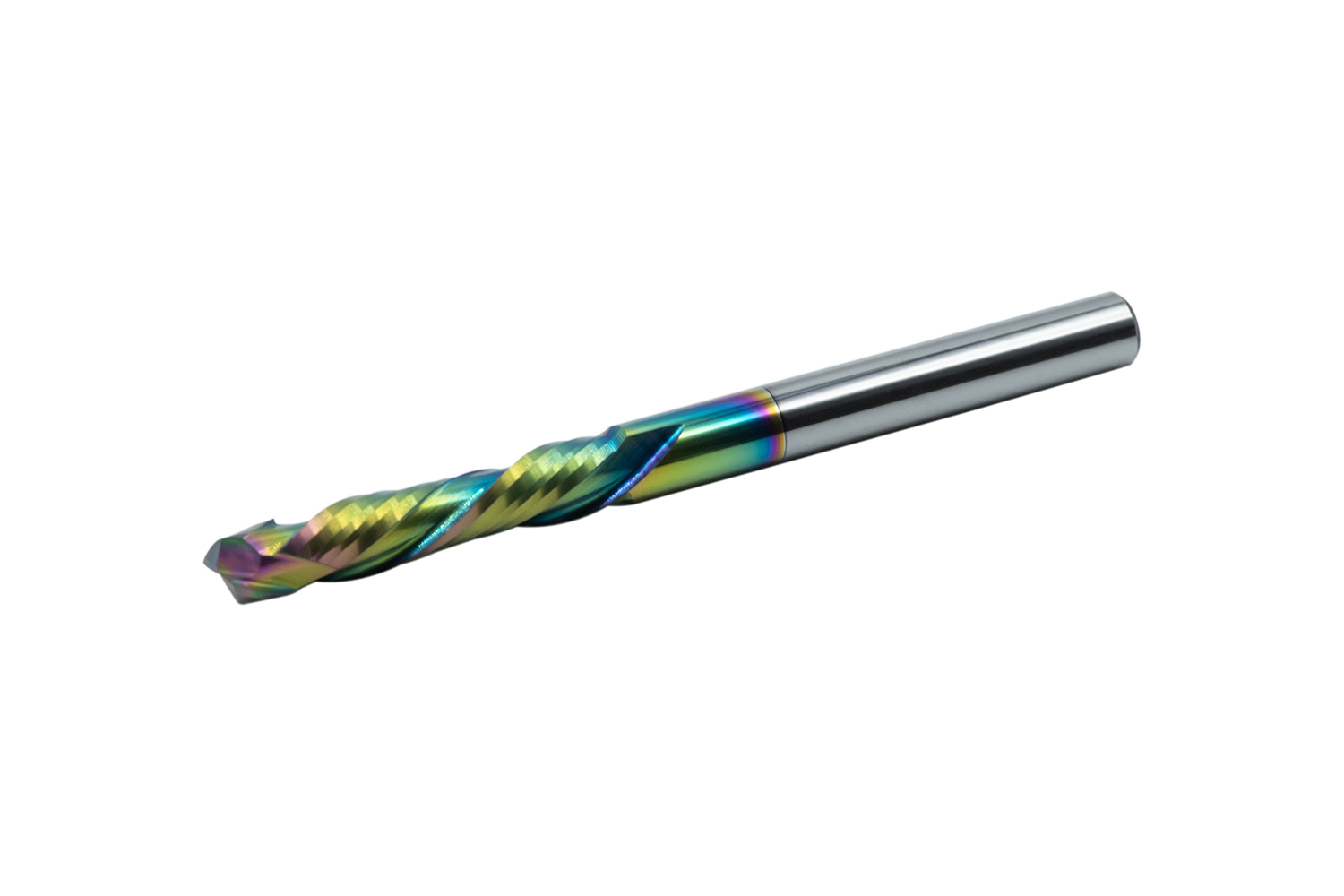 The solid carbide up-down cut milling cutter, featuring two cutting edges and a DLC coating, is available in various sizes and combines the advantages of up-cut and down-cut milling. milling cutter up down cut carbide DLC coating two cutting edge panel materials reduces tearing proper chip removal stable guidance accurate contour MDF plywood  multiplex