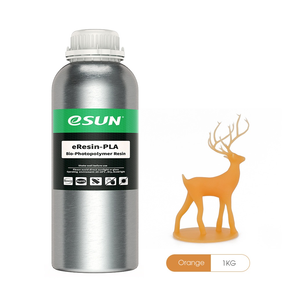 eSUN biobasiertes eResin-PLA in Orange (1kg), optimal für 3D-Druck, Prototyping und additive Fertigung, kompatibel mit LCD/DLP	 1kg Flasche eSUN biobasiertes eResin-PLA in orange mit orangem 3D-Druck-Modell