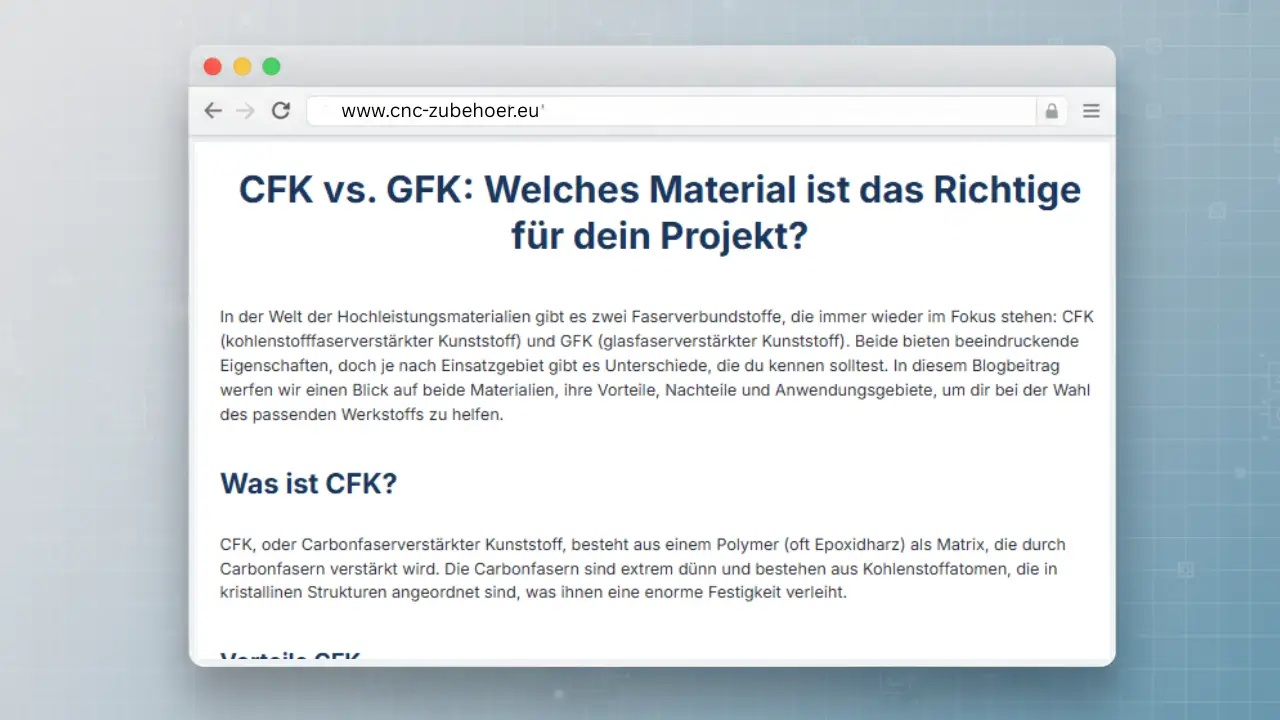 Eine Browser-Ansicht der Website cnc-zubehoer.eu mit dem Ratgeberartikel „CFK vs. GFK: Welches Material ist das Richtige für dein Projekt?“.